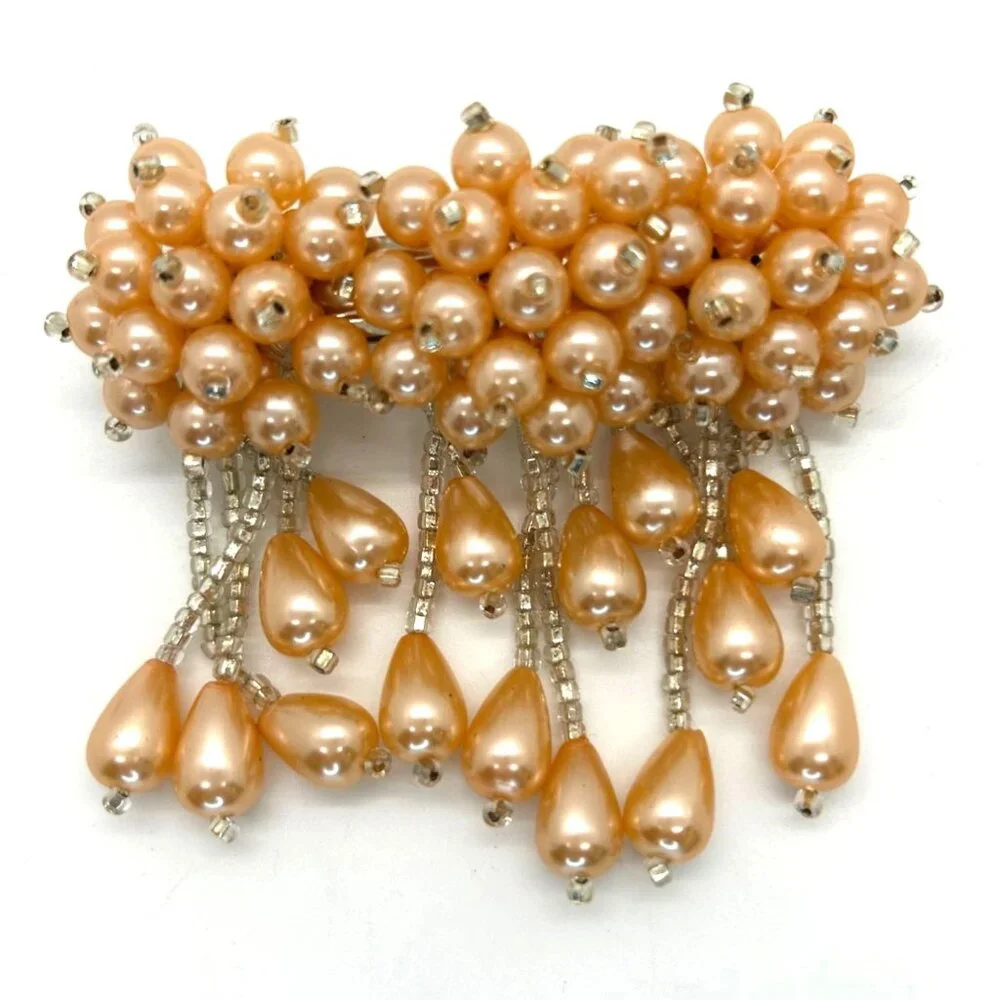 Vintage Hair Barrette Faux Pearl Apricot Peach Pastel Orange Bridal Formal Prom - Picture 1 of 13